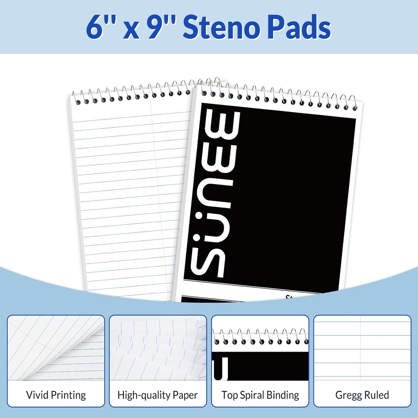 SUNEE 2 Pack Steno Pads 6x9, Gregg Rule, 60 Sheets, Spiral Notebook 6x9, White Paper, Take Notes with Top Spiral Notebook, for School, University, College, Work, Office, Yellow