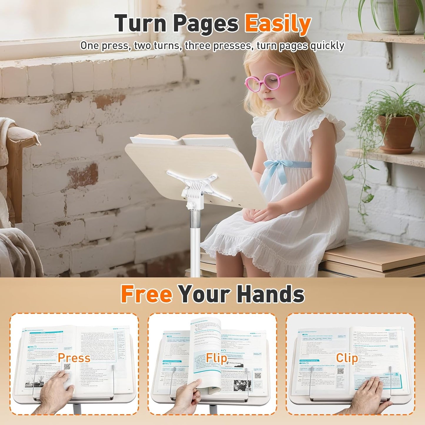 Floor Standing Book Stand, Foldable Book Holder for Reading with Page Clips, 19"–51" Height Adjustable, Sturdy Podium Stand for Reading, Bible, Laptop, Cookbooks, or Projector