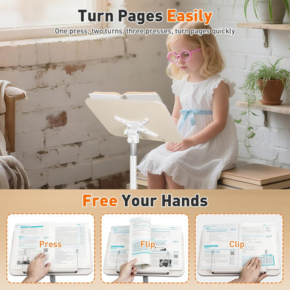Floor Standing Book Stand, Foldable Book Holder for Reading with Page Clips, 19"–51" Height Adjustable, Sturdy Podium Stand for Reading, Bible, Laptop, Cookbooks, or Projector