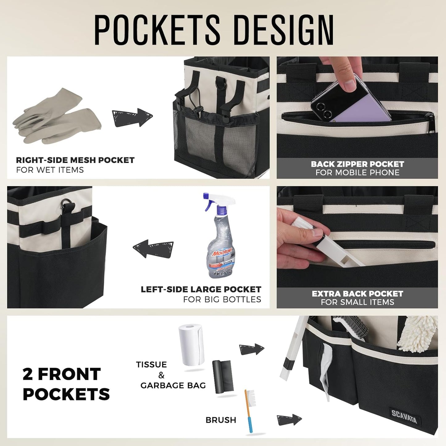 SCAVATA Compact Wearable Cleaning Caddy, Small Supplies Organizer with Handle & Shoulder Straps for Housekeepers, Under Sink & Car Cleaning Tool Organizer Bag (Black)