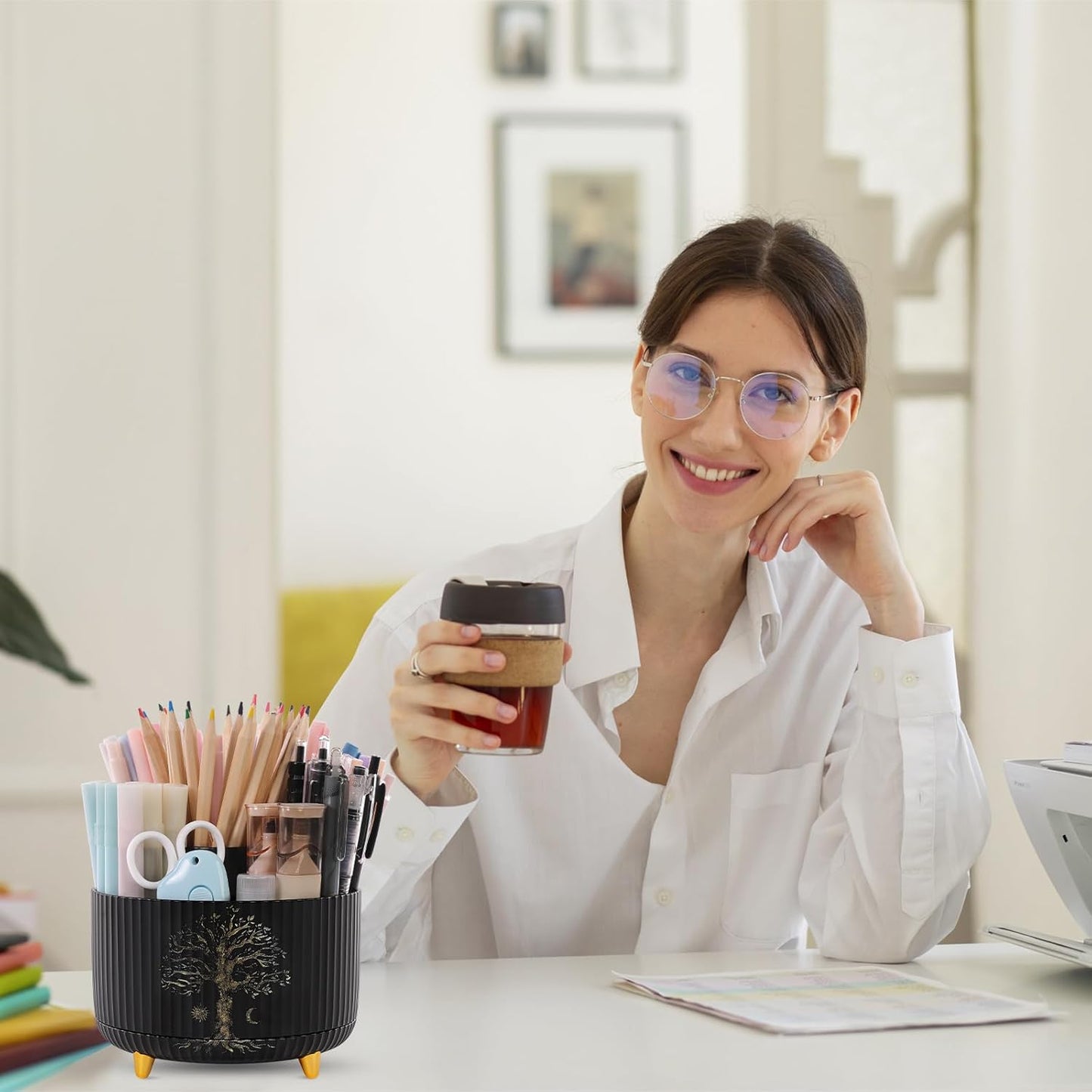 SKYDUE 360 Rotating Plastic Desk Pen Organizer with 5 Slots, Dual-Purpose Art Supply Pencil Cup for Office, School, Home