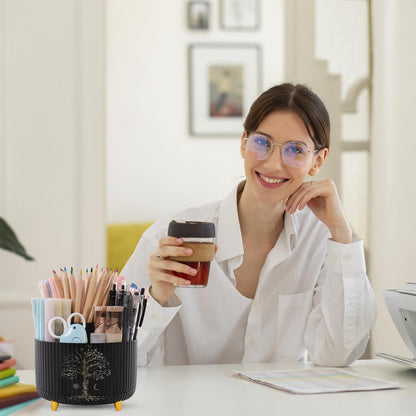 SKYDUE 360 Rotating Plastic Desk Pen Organizer with 5 Slots, Dual-Purpose Art Supply Pencil Cup for Office, School, Home