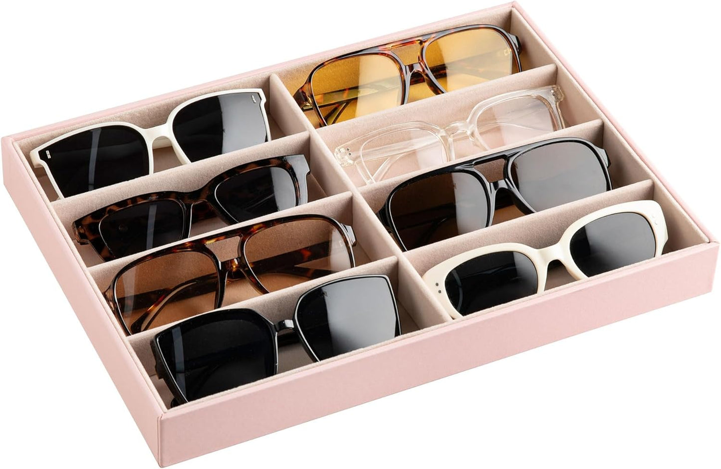 Frebeauty Sunglass Organizer,PU Leather Glasses Organizer,8-Slot Sunglasses Tray,Men's/Women's Sunglasses Box,Sunglass Case,13.3 x 9.6 x 1.5 Inches,Eyeglass/Eyewear Display Tray(Grey)