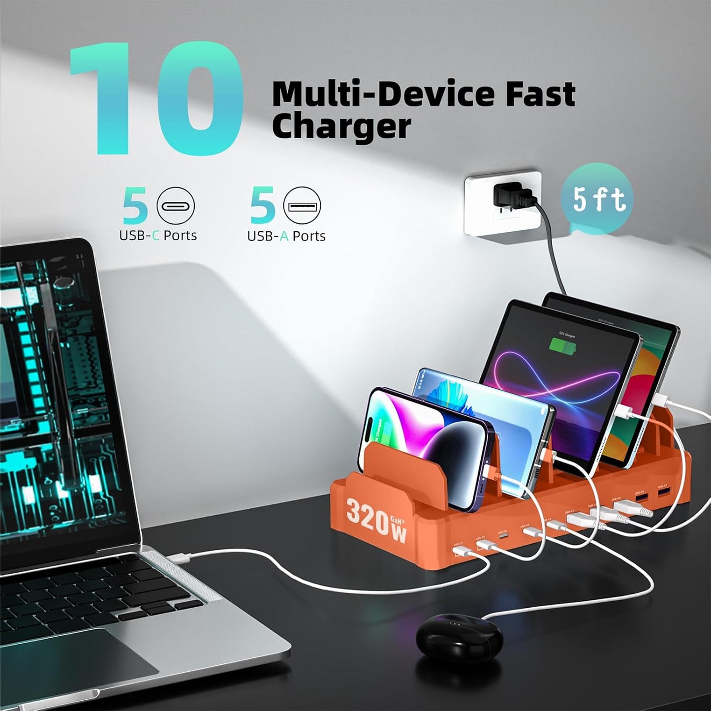 420W Charging Station for Multiple Devices, Zobirez 10-Port USB C Fast Charger Stations for MacBook, iPhone, Android Cell Phone, iPad, Tablet, Family Multi-Device Organizer Charging Dock, White