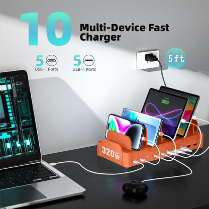 420W Charging Station for Multiple Devices, Zobirez 10-Port USB C Fast Charger Stations for MacBook, iPhone, Android Cell Phone, iPad, Tablet, Family Multi-Device Organizer Charging Dock, White