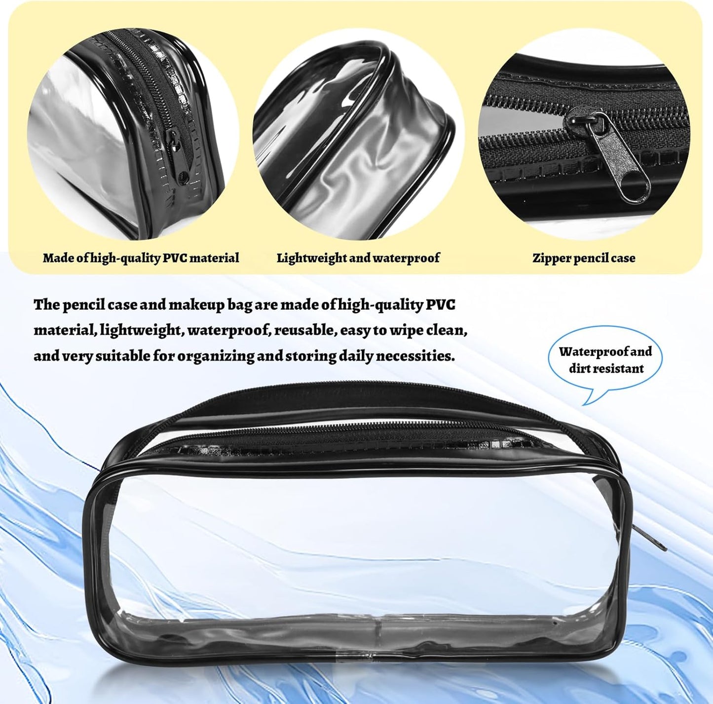 5 Pack Clear PVC Zipper Pencil Pouch, Pen Pencil Case Makeup Pouch, Large Capacity Pencil Bag for Office Stationery Travel Storage (Black)