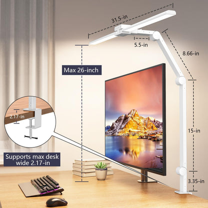 KableRika Desk Lamp Double Light: Bright Led Desk Lights for Home Office - Eye Care Reading Table Lamps with Base - Dimmable Desktop Lighting for Computer Monitor Study Drafting