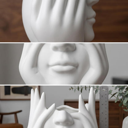 Pen Holder for Desk, Creative Face-Holding Art Sculpture Multi-Functional Organizer, Home Decor Figurine & Artificial Flower Vase Base, Desk Makeup Brush Holder, Unique Gift
