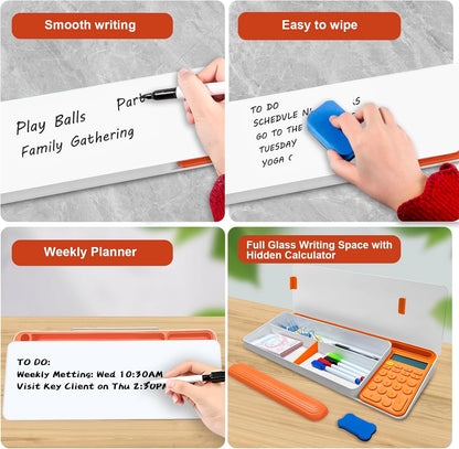 Desk Whiteboard Dry Erase Glass Desktop Whiteboard with Calculator, Desk Board with Keyboard Stand for Office or School