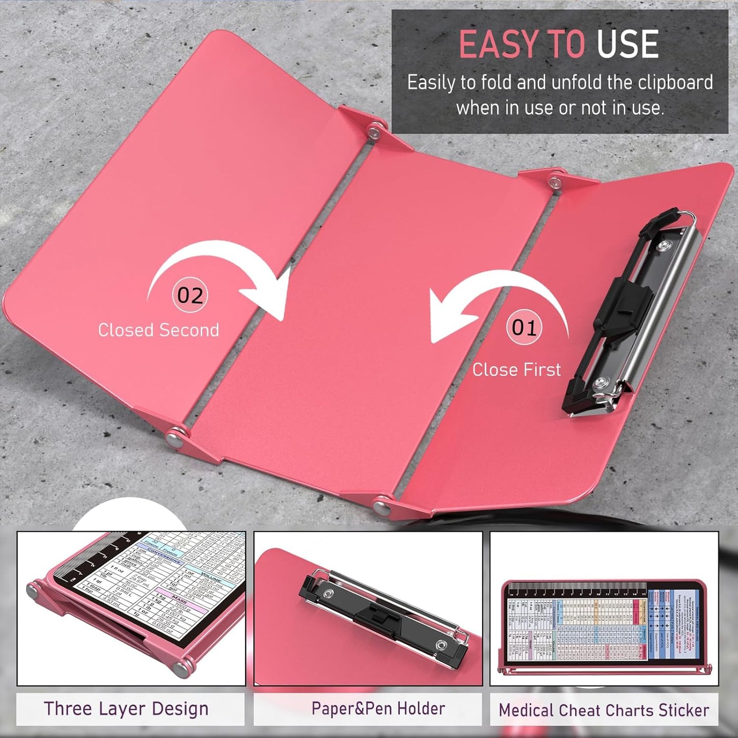 Nursing Clipboard Foldable, Foldable Clipboard w/Nursing Edition Cheat Charts,3 Layers Aluminum, Nurse Clip Board w/Low Profile Clip&Pen Clip Pocket for Nurses and Doctors,Light Blue