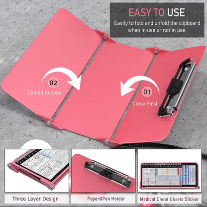 Nursing Clipboard Foldable, Foldable Clipboard w/Nursing Edition Cheat Charts,3 Layers Aluminum, Nurse Clip Board w/Low Profile Clip&Pen Clip Pocket for Nurses and Doctors,Light Blue