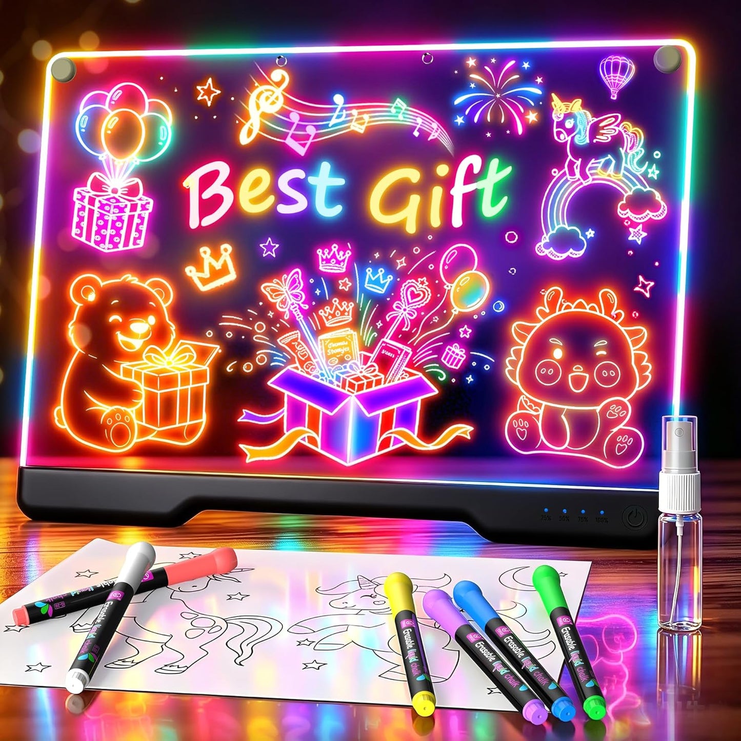 LED Drawing Board with 9 Light Effects, Rechargeable 16" Glow Doodle Note Message Board with Colors, Neon Light Up Drawing Pad Gift Ideas for Kids, Birthday, Christmas with Markers & Tracing Book