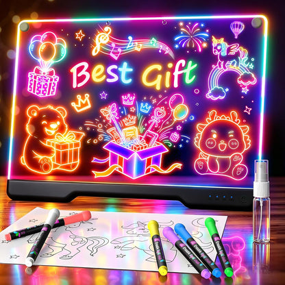 LED Drawing Board with 9 Light Effects, Rechargeable 16" Glow Doodle Note Message Board with Colors, Neon Light Up Drawing Pad Gift Ideas for Kids, Birthday, Christmas with Markers & Tracing Book