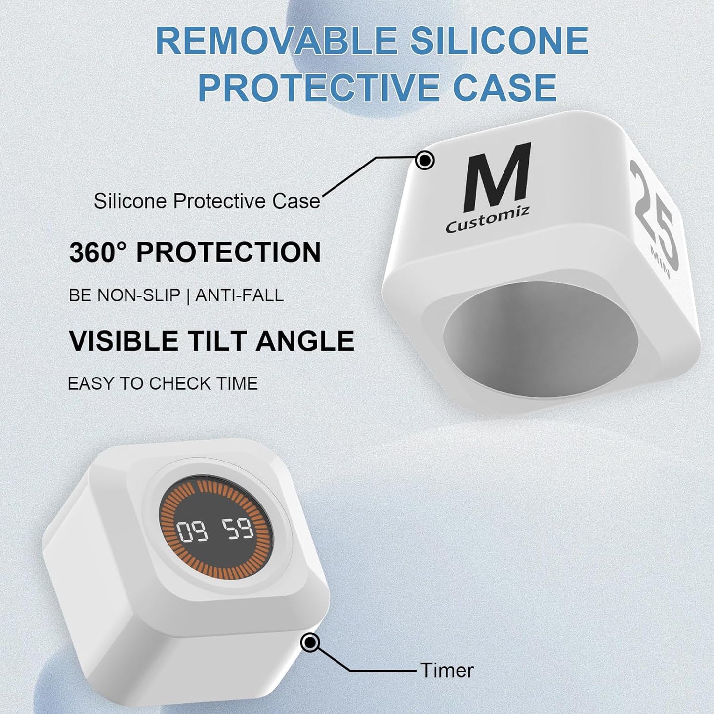 Rotating Cube Pomodoro Timer 5, 25, 10, 50 Min Preset + Custom Countdown, Desk Productivity Flip Visual Timer w/Silicone Case, Silent Mode, Ideal for ADHD Tool Study Work School (Black)