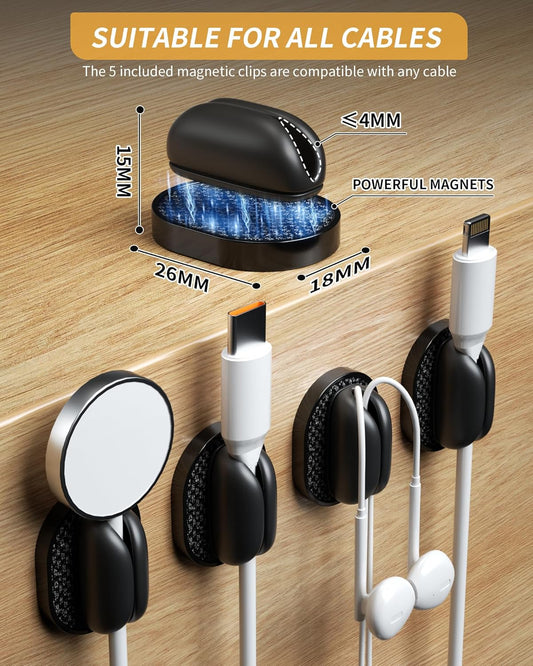 5-Pack Magnetic Cable Clips Cord Organizer - Smoothly Adjustable, Puretor Desk Cable Management Clips. Ideal Wire Holders for Desktop, Nightstand, Wall - Perfect for Home Office, Phone, Car (Black)
