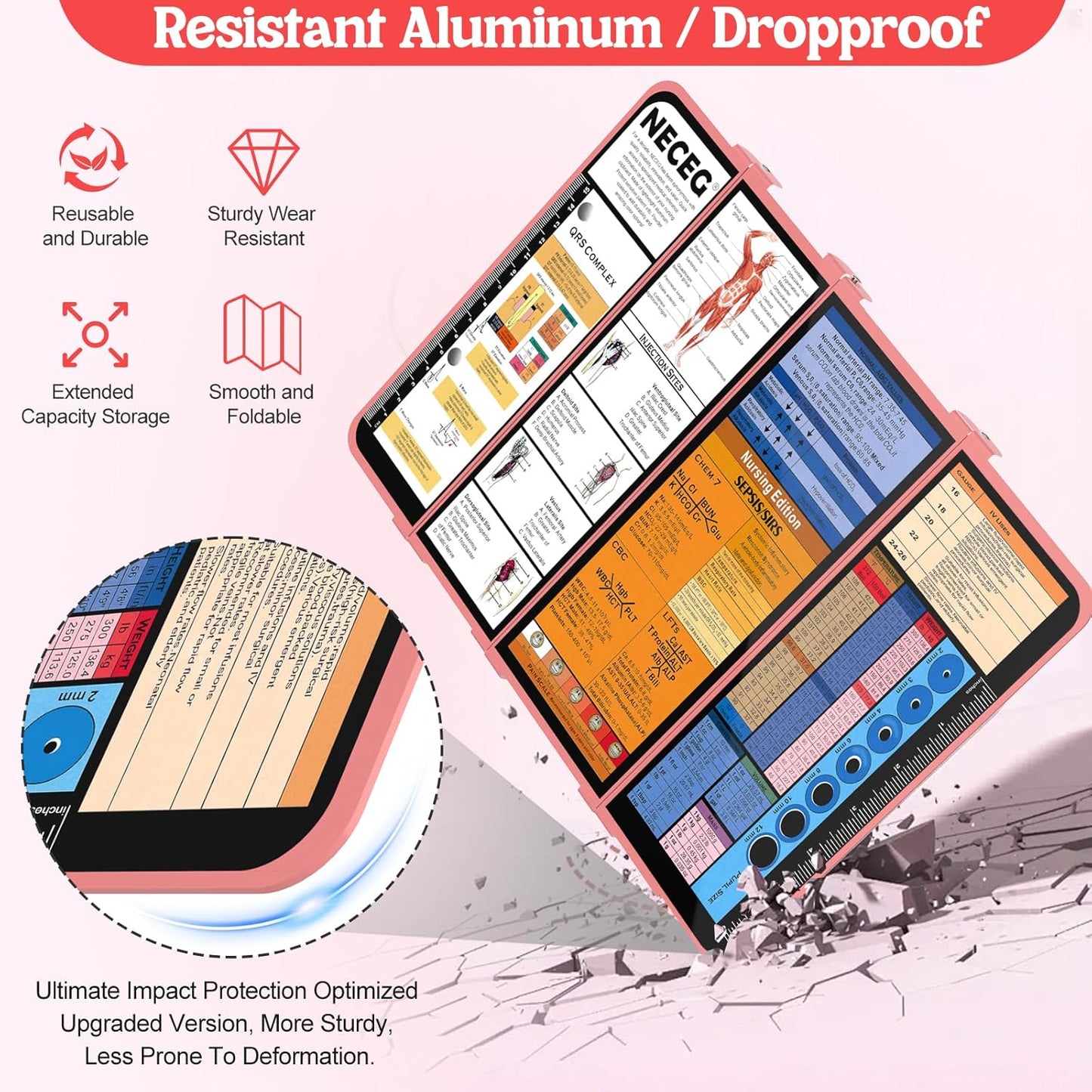Nursing Clipboard Foldable-4 Layers Aluminum Nurse Foldable Clipboard Nursing Medical Edition Cheat Sheets, Pocket Size Pen Clip for Nurses Students School and Doctors-Pink
