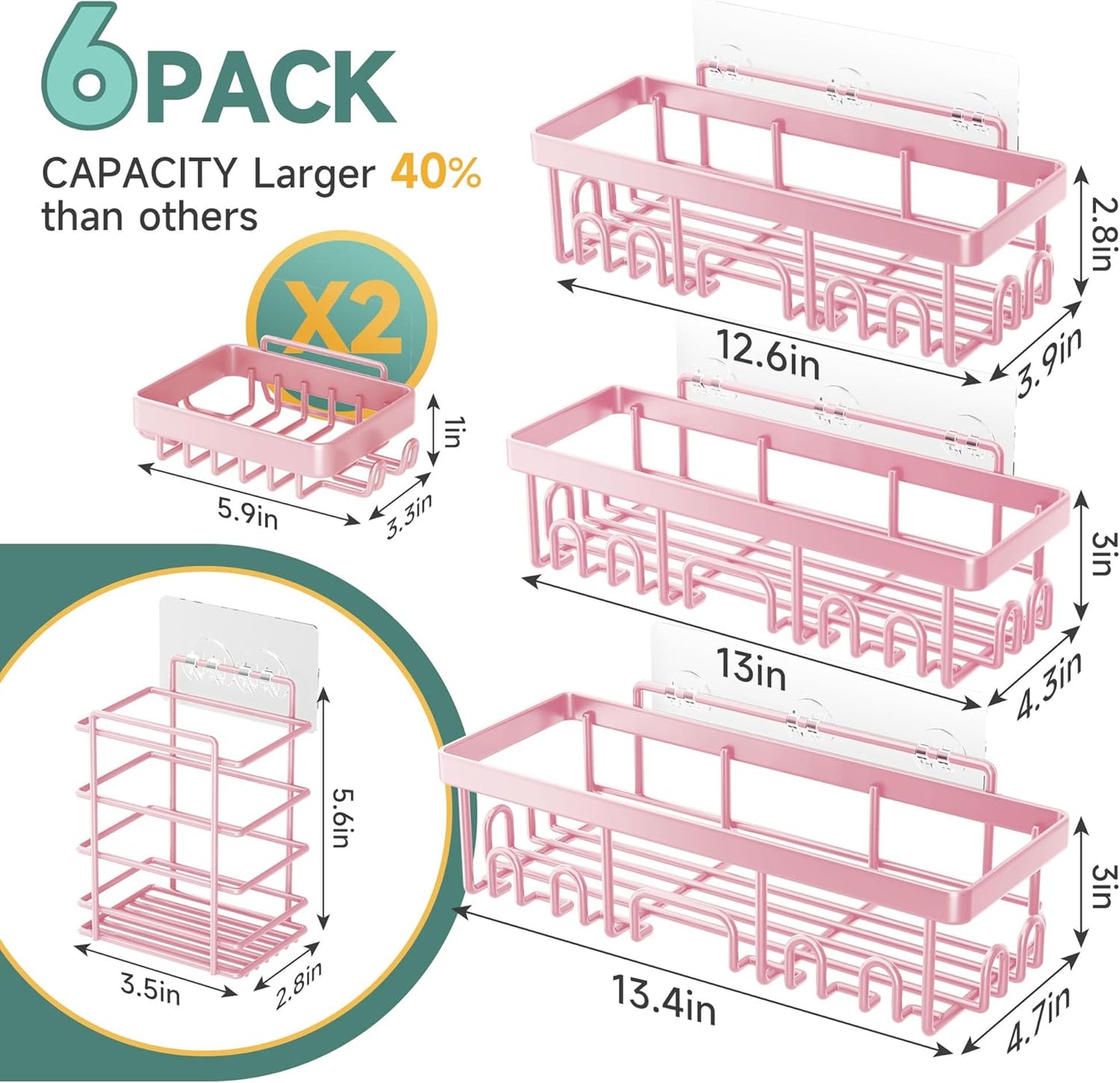 Veken Shower Caddy 6-Pack, Advanced Rustproof Design, No Drilling Adhesive Shelves, Rack with Soap Holder, Large Capacity Bathroom Organizers and Storage, Wall-Mounted Kitchen & Home Decor