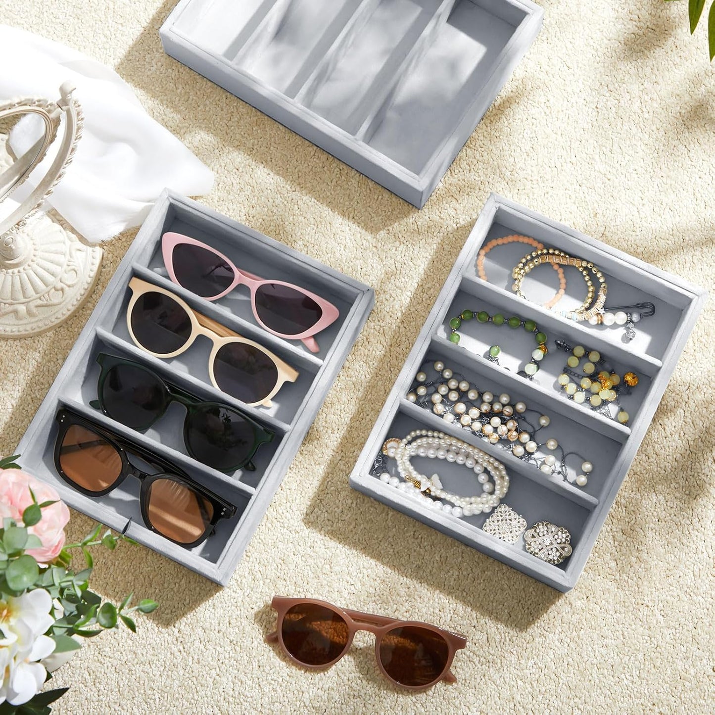 Amylove 4 Pcs Gray Sunglass Organizer Trays 4 Grids Velvet Glasses Holder Jewelry Display Organizer Eyeglasses Storage Box Drawer