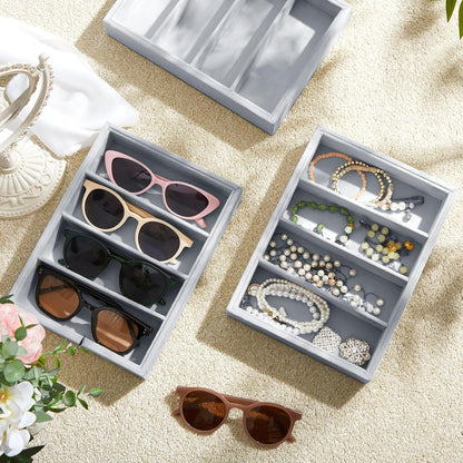 Amylove 4 Pcs Gray Sunglass Organizer Trays 4 Grids Velvet Glasses Holder Jewelry Display Organizer Eyeglasses Storage Box Drawer