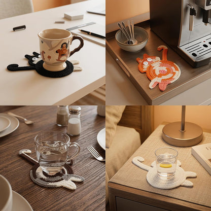 Cat Gifts for Cat Lovers 3PCS Cat Coaster Woven Creative Cute Cat Coaster Insulation Coaster Coffee and Tea Coaster Desktop Gifts