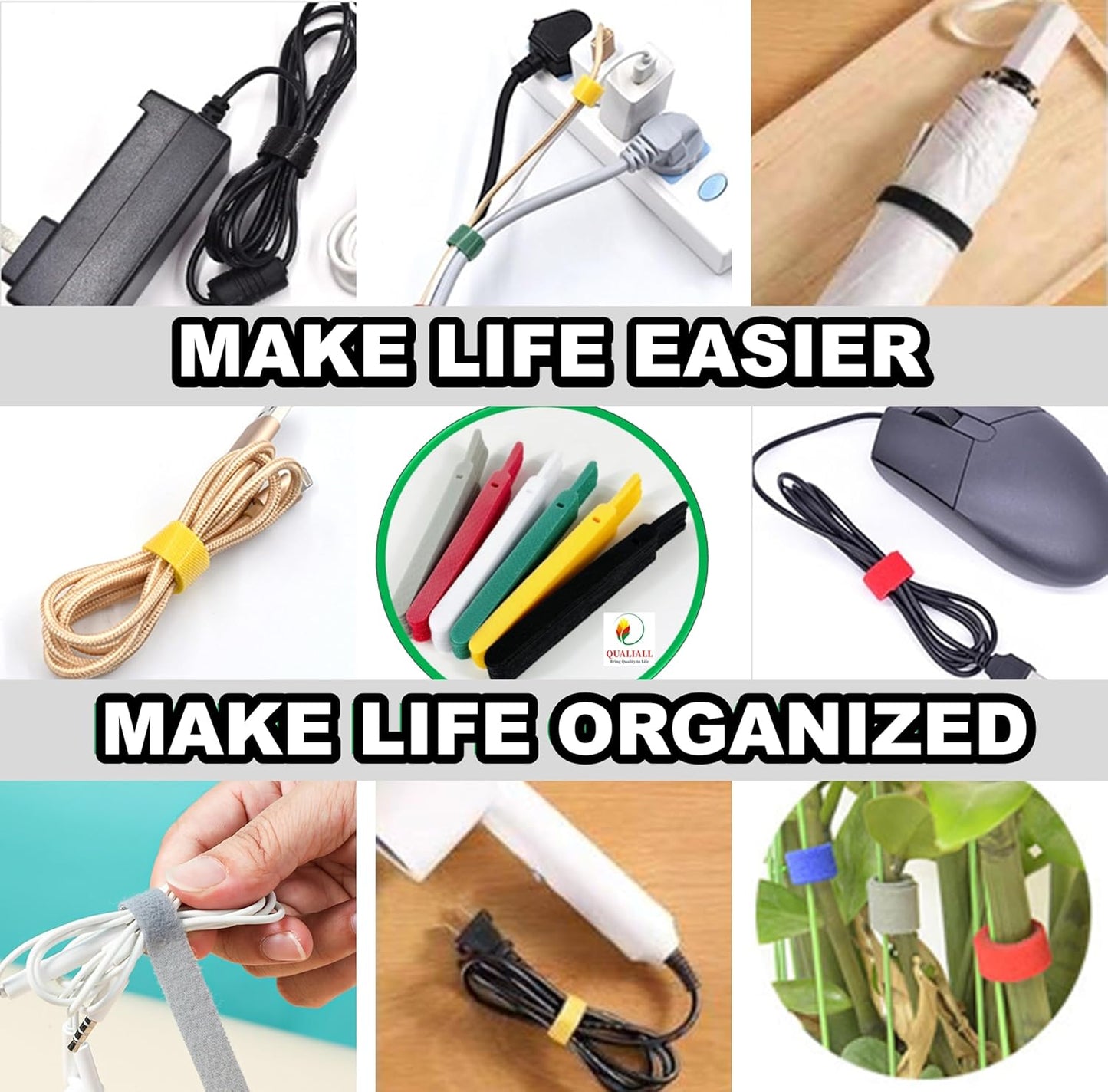 QUALIALL 150-PACK Premium Reusable Cable Ties, Strong Adhesion Nylon Cord Ties for PC and Wire Management, Durable. 5.9"
