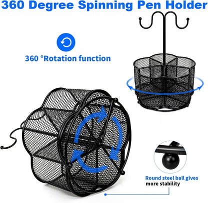 360 Degree Rotate Pen Holder for Desk Mesh Desk Pen Organizer Pencil Holder Large Capacity Accessories & Workspace Organizers for School,Home (Black, No hook)