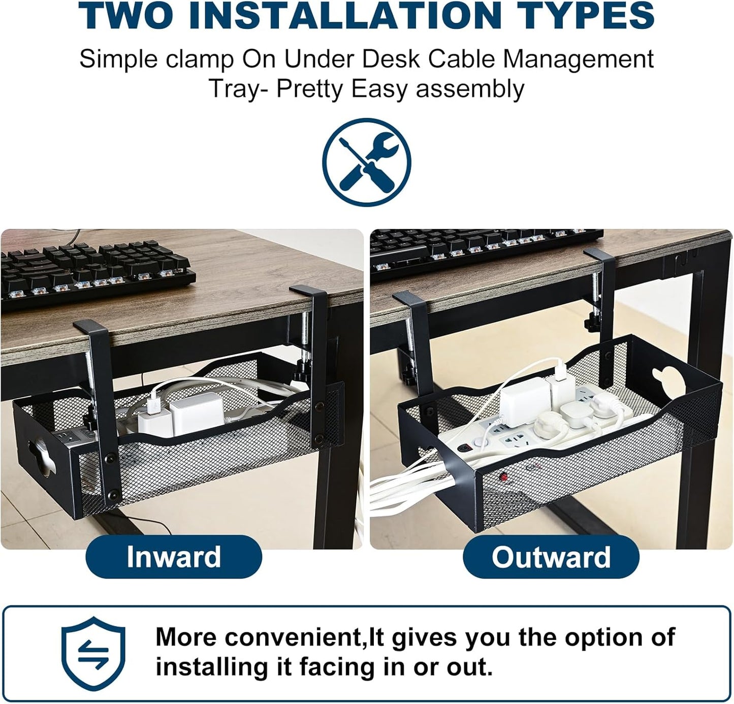 Extra Wide Under Desk Cable Management - 7inch No Drill Installation Cable Management Tray, Clamp/Screw Mount Desk Cable Management, Cable Management Tray for Office, Home((White, XL)