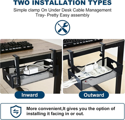 Extra Wide Under Desk Cable Management - 7inch No Drill Installation Cable Management Tray, Clamp/Screw Mount Desk Cable Management, Cable Management Tray for Office, Home((White, XL)
