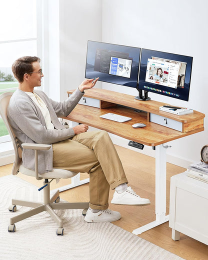 HUANUO 48″ x 24″ Electric Standing Desk with 2 Drawers, C-Clamp Mount Compatible, Height Adjustable Computer Desk, Home Office Stand Up Desk with 4 Preset Heights & 2 Hooks, Black