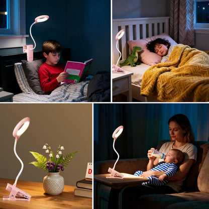Akynite Desk Lamp LED Clip on Light, 5 Modes 5 Brightness Dimmable Clamp Light, Rechargeable Battery Flexible Clip on Reading Lamp for Bed Headboard Bunk Bed at Night for Kids (Black)