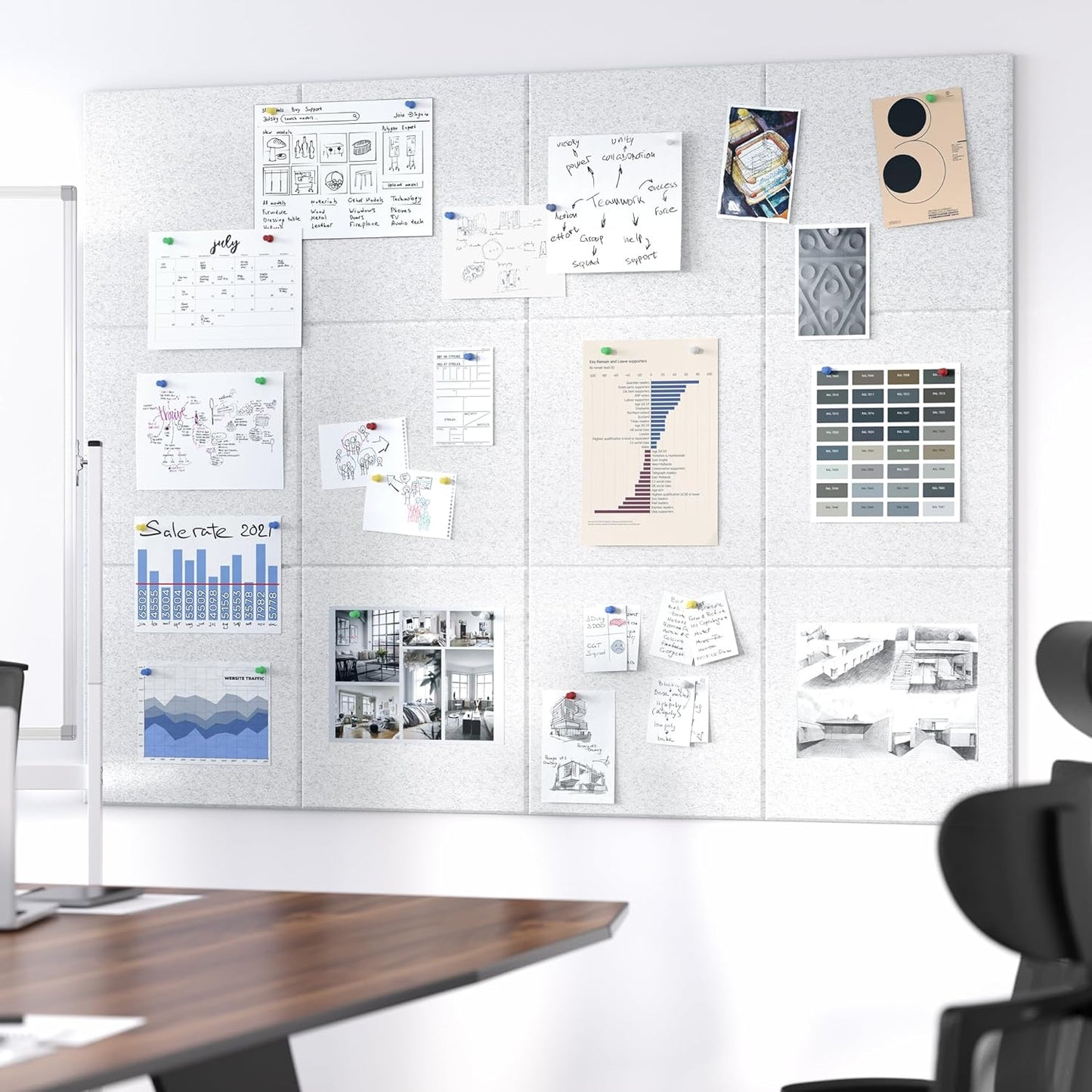 Neatsure Large Cork Board for Wall, Black Felt Bulletin Board with Pushpins, 36" x 24" 6 Panels Wall Tiles, Tack Push Pin Boards for Office