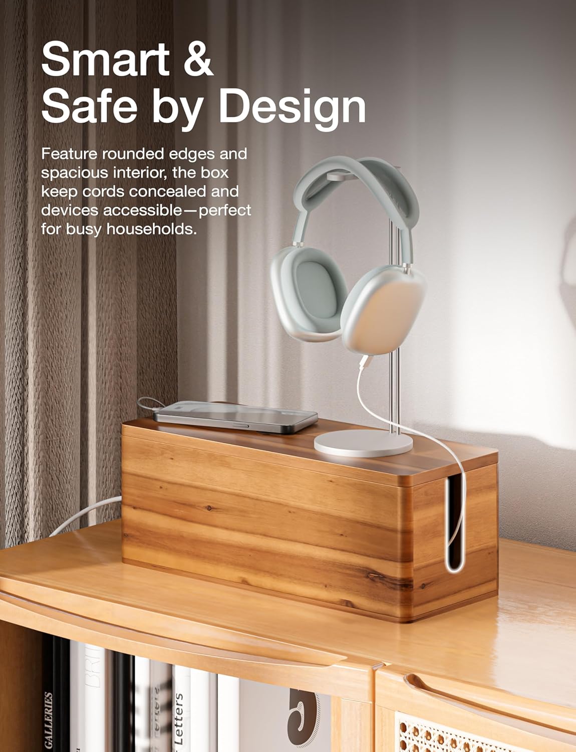 TIDITA Acacia Wood Cable Management Box Round Edge - 16" L Wooden Cable Organizer Box for Electrical Hiding Cord Management - Power Strip Hider Cable Storage Box for Office, Router Wires, Under Desk