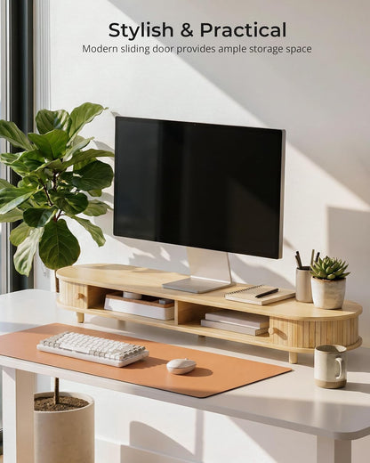 Bamboo Monitor Stand with Storage, Curved Computer Laptop Stand Desk Shelf Organizer with Sliding Doors (25 inch)