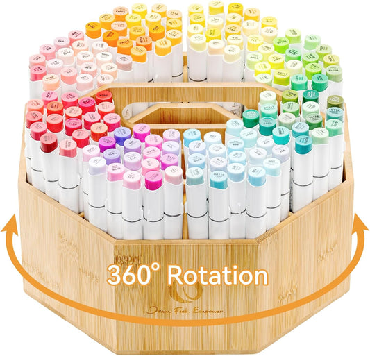 Ohuhu Rotating Marker Organizer for Alcohol Markers, 360° Rotating Bamboo Storage Hold 162 Honolulu& B Alcohol Markers, Pens Pencil Holder with 10 Compartments for Home Classroom Office Decor