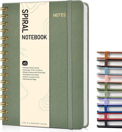 Graph Spiral Journal Notebook, A5 Hardcover Spiral Journals for Women Men, 100 GSM Graph Paper Notebooks, 150 Pages Spiral Bound Grid Notebook for Writing Note Taking Work 5.75" x 8.38" Olive Green