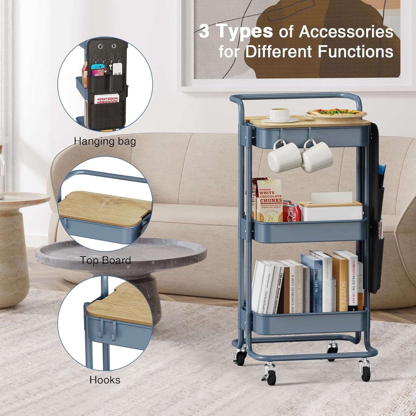 DTK 3 Tier Metal Utility Rolling Cart with Table Top and Side Bags, Tray Storage Organizer Wheels, Art Craft 4 Hooks for Kitchen Bathroom Office Living Room (Black)