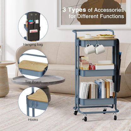 DTK 3 Tier Metal Utility Rolling Cart with Table Top and Side Bags, Tray Storage Organizer Wheels, Art Craft 4 Hooks for Kitchen Bathroom Office Living Room (Black)