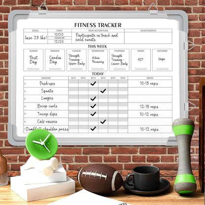 Lincia 16 x 12 Inch Fitness Tracker Whiteboard Workout Calendar for Home Gym Dry Erase Planner Hanging Removable to Do List for Wall Whiteboard with Aluminum Frame for Gym Program(Style A)
