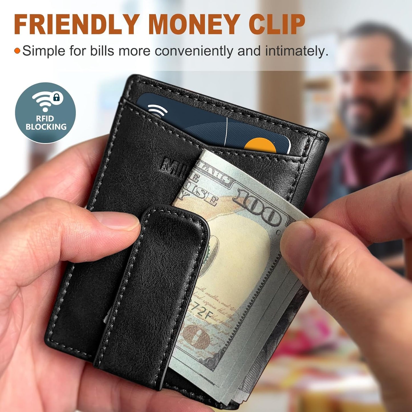 miyozi Airtag Wallet for Men- with Money Clip Gift Boxed, Magnetic Closure Slim Genuine Leather Front Pocket Wallet, 4.1"x 2.8", RFID Blocking