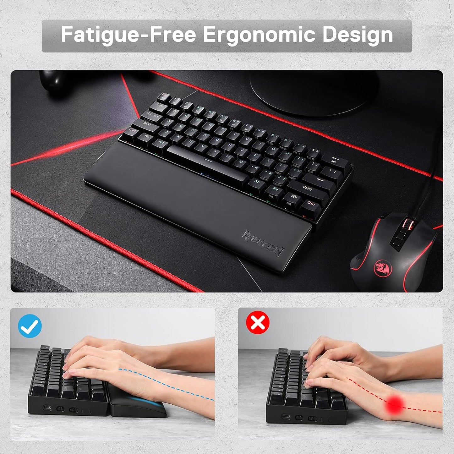 Redragon P037 Meteor L Computer Keyboard Wrist Rest Pad, Ergonomic Soft Memory Foam Wrist Support w/Anti-Slip Rubber Base, 100% 104 Keys Standard Size 17.12 x 2.87 in, 0.78 inch (20mm) Height, Black