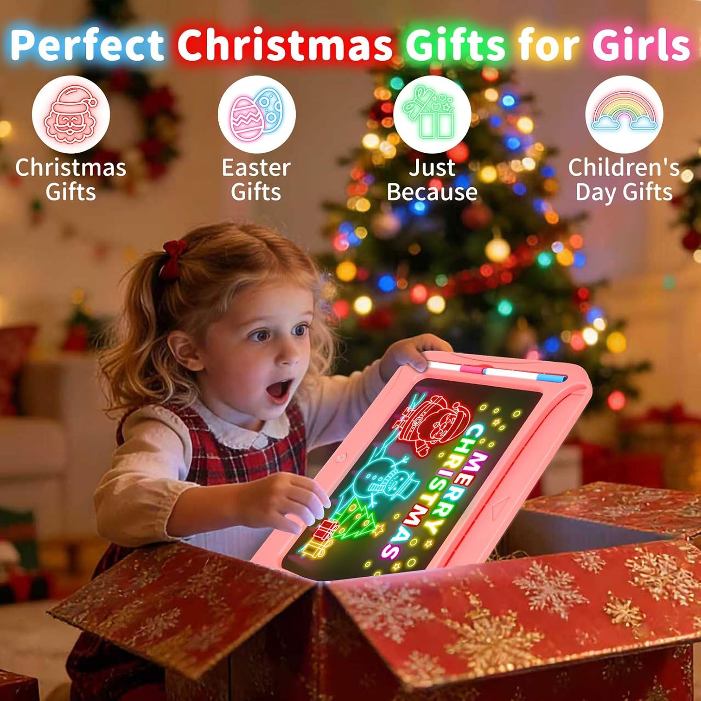 LED Drawing Board, Magic Kids Toys for Boys 4-6, Christmas Birthday Gifts, Light Up Tracing Pad, 9 Double-Sided Cards, 6 Markers, Glow in The Dark Doodle Writing Tablet, Learning Toy Arts Crafts Kits