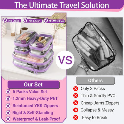 YQBRAO 6 Pack Clear Hard Shell Zipper Case, 1.2mm Heavy Duty Crush-Proof Diaper Bag Organizer Pouches, TSA Approved Travel Makeup Bag for Toiletries & Electronics, (2L, 2M, 2S) Multi-Size Storage Set