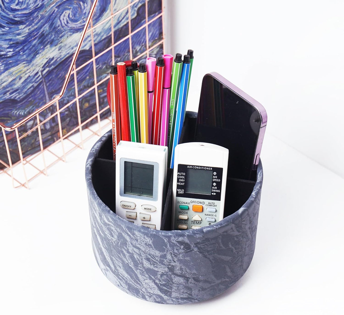Round Leather Art Supply Organizer,Remote Control Holder,360 Degree Rotating,Multi-Functional Pencil Holder,4 Compartments Desktop Stationary Organizer(1-Fractal Flower) | Round - Colors A