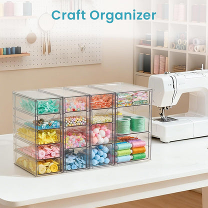Vtopmart 4 Set Clear Desk Organizer, Pen Organizer with 16 Drawers, Acrylic Desktop Organization and Storage for Office Supplies, Pen, Makeup, Art Craft, Jewelry