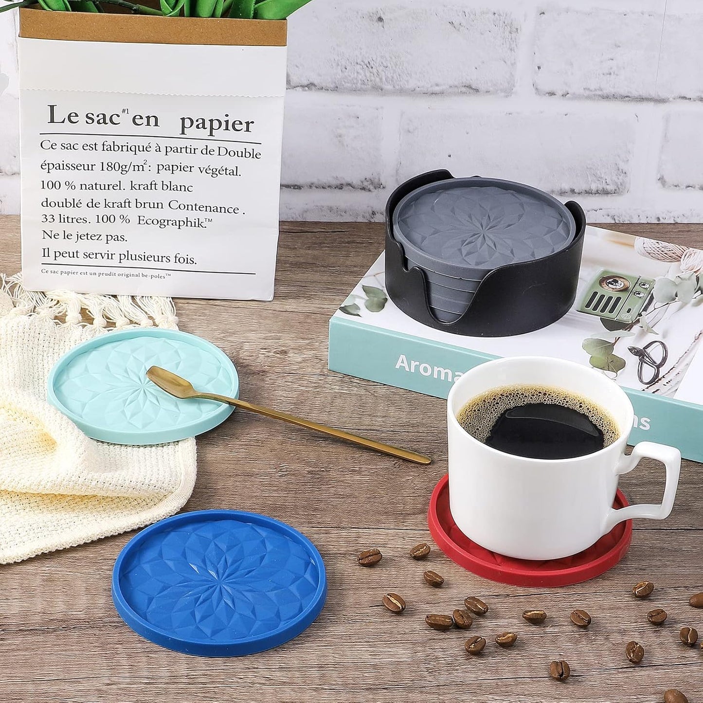 ME.FAN Silicone Coasters with Holder,[6 Pack] Drinking Coasters - Cup Mat for Hot or Cold Drinks, Thickened, Non-Slip, Non-Stick,Deep Tray Black