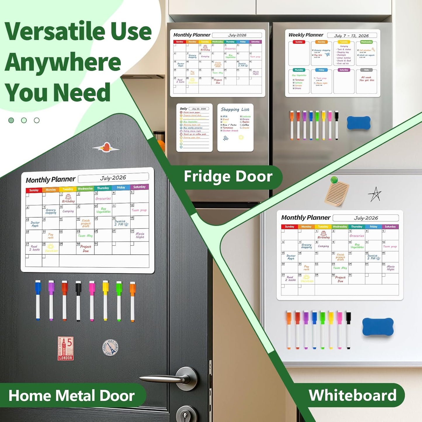 FINDMAG 4 Pack Magnetic Dry Erase Board Set, 16.5"x11.8" Magnetic Calendar for Refrigerator, Fridge Calendar Magnet, Black Weekly Planner Whiteboard for Fridge, Easy to Use with 8 Markers & Eraser