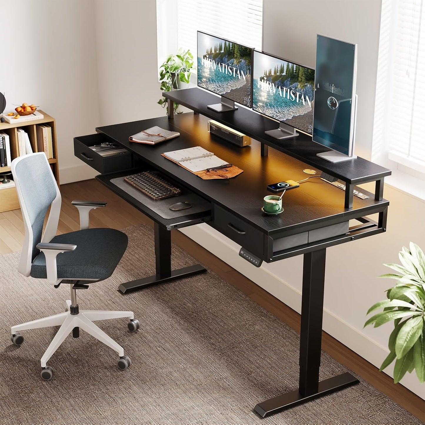 AODK Electric Standing Desk with Drawers & Keyboard Tray, 55 Inch Height Adjustable Gaming Desk with Power Outlets & LED Lights, Sit Stand Table with Monitor Stand for Home, Office, Rustic Brown