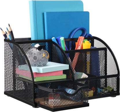 Comix Mesh Pen Pencil Holder Desk Organizer, 3 Compartment Wire Desktop Pen Pencil Cup Caddy Office Supplies Accessories for Home Office School, Black(2 Pack)