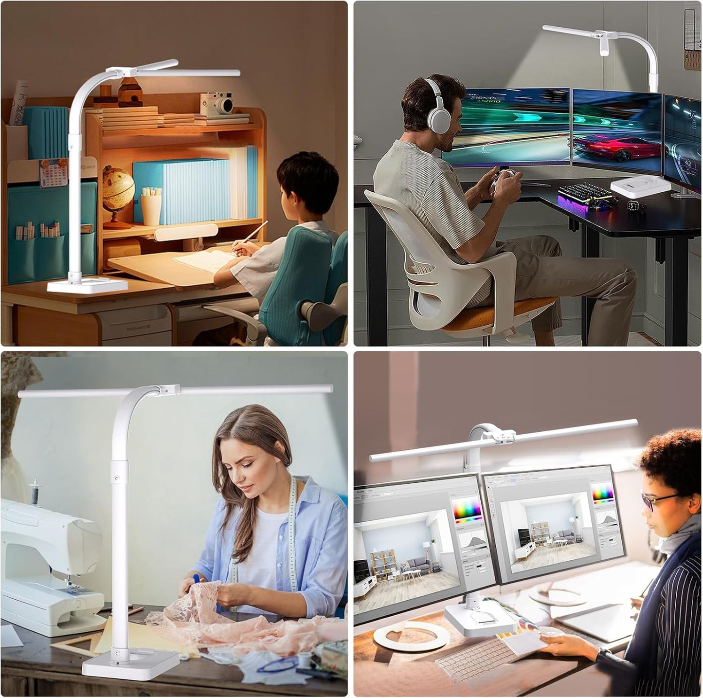 AKRRYR LED Desk Lamp for Home Office, Double Head 24W with Base, Architect Light 5 Lighting Brightness Flexible Gooseneck Table Reading Study, Black