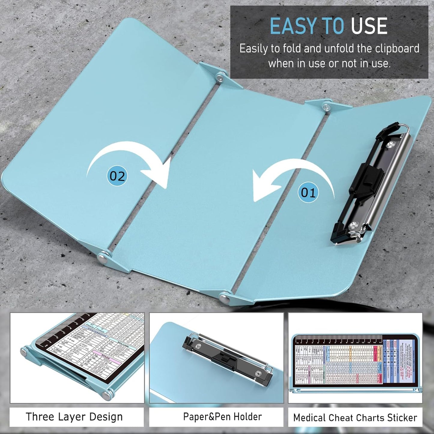 Nursing Clipboard Foldable, Foldable Clipboard w/Nursing Edition Cheat Charts,3 Layers Aluminum, Nurse Clip Board w/Low Profile Clip&Pen Clip Pocket for Nurses and Doctors,Light Blue
